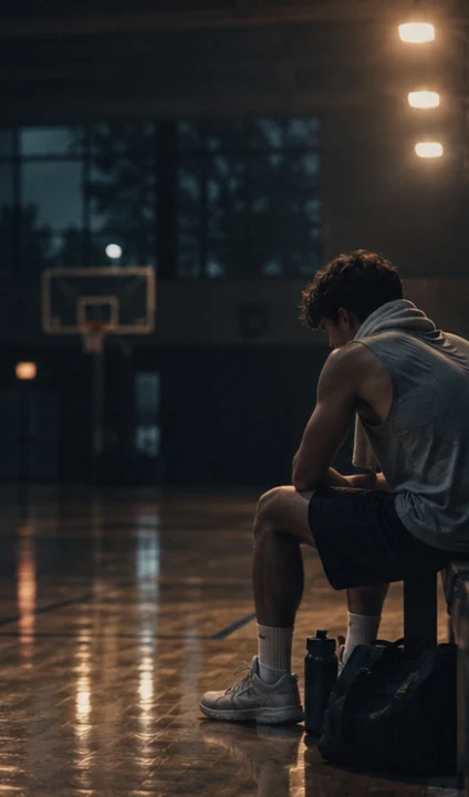 Basketteur assis sur un banc dans un gymnase faiblement éclairé, tête baissée, gourde et sac de sport à ses pieds